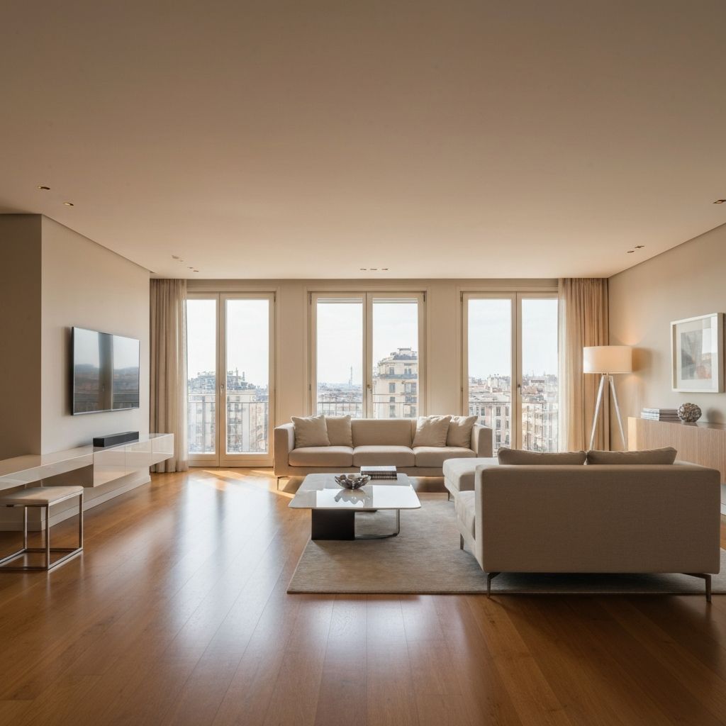 Soggiorno con camino e parete in mattoni bianchi